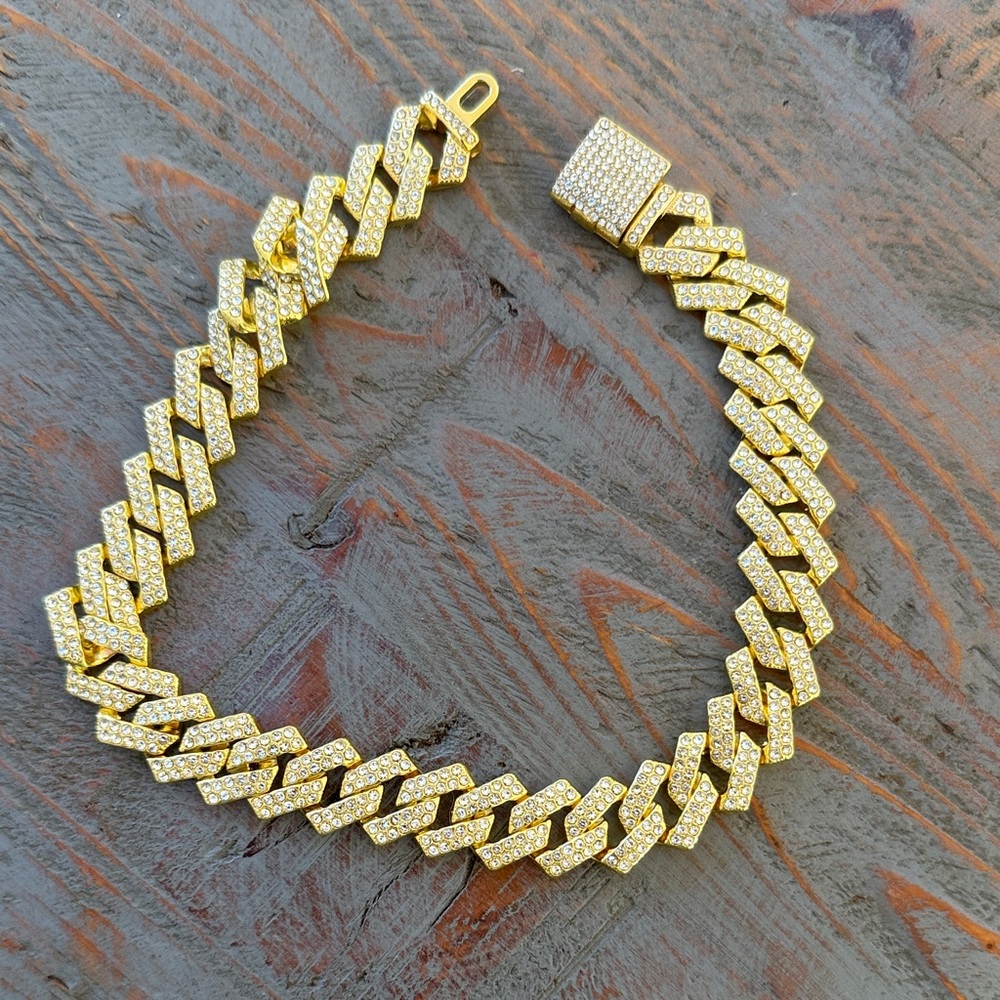 Gold Cuban Link Bracelet with Rhinestones